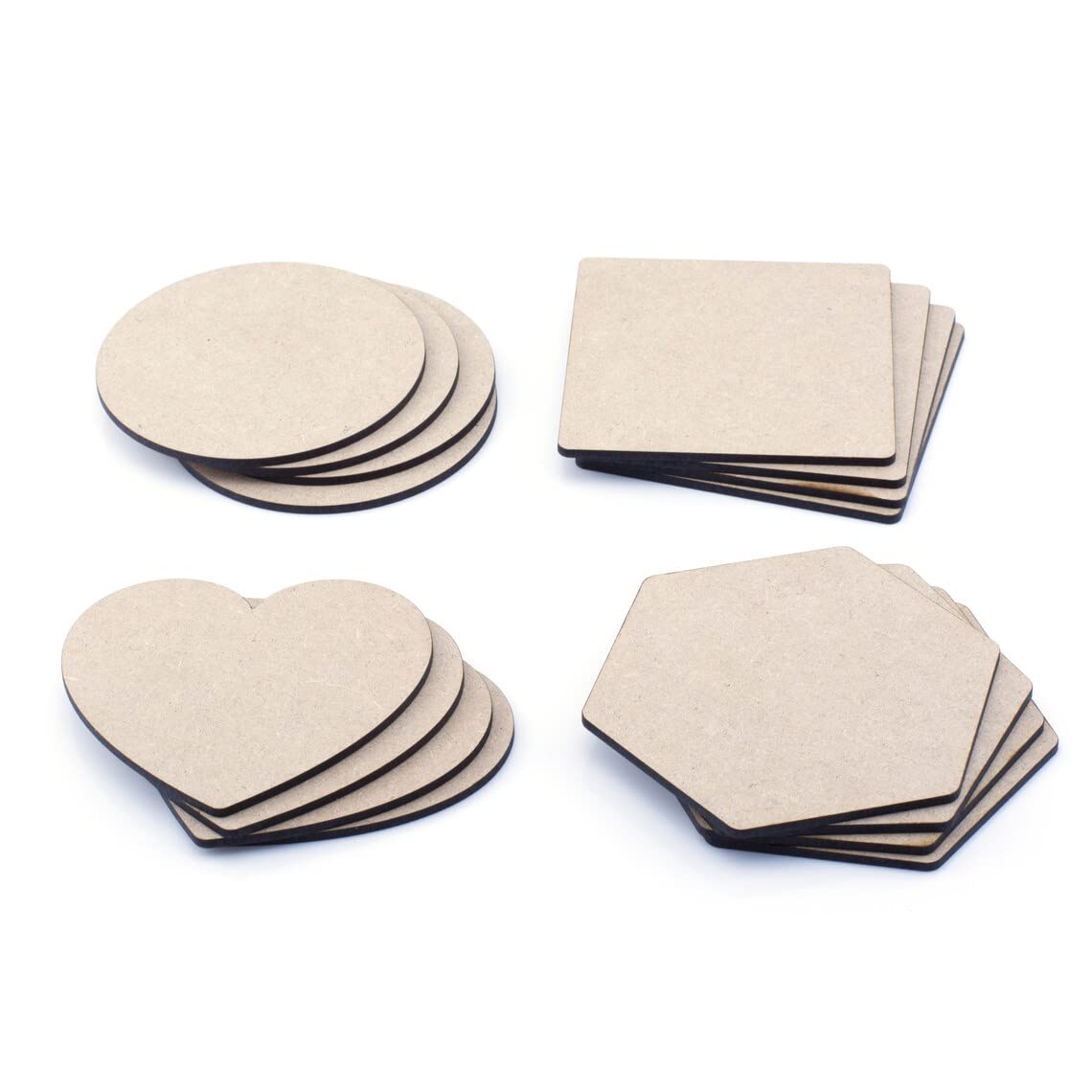 Set of beige coasters with different shapes on a white background