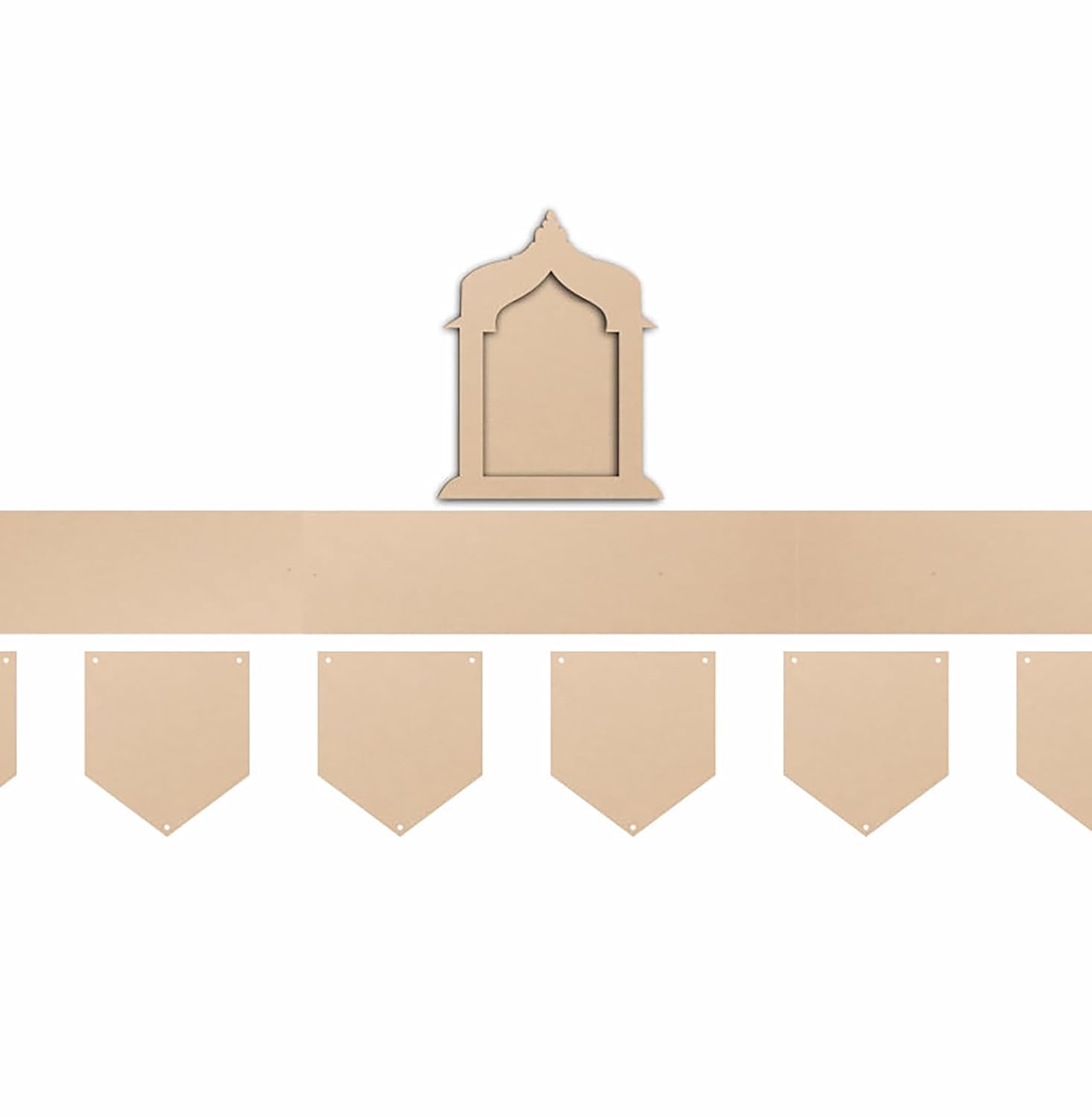 Beige decorative wall shelf with a small arch-shaped decorative piece on a white background