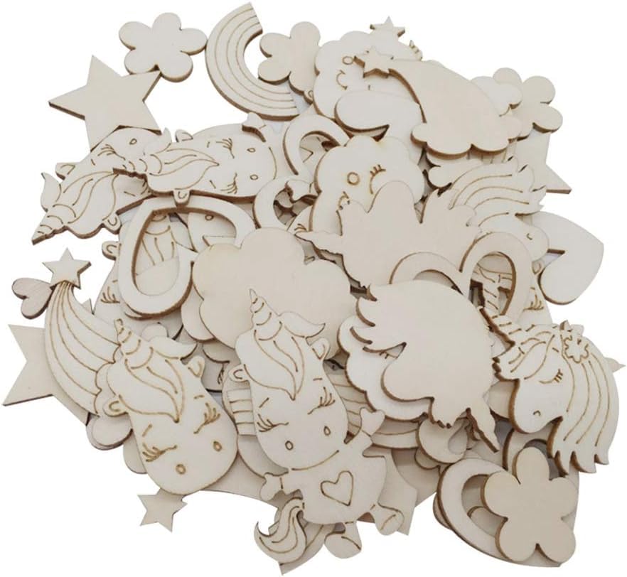 Collection of wooden cutouts with various shapes and designs on a white background