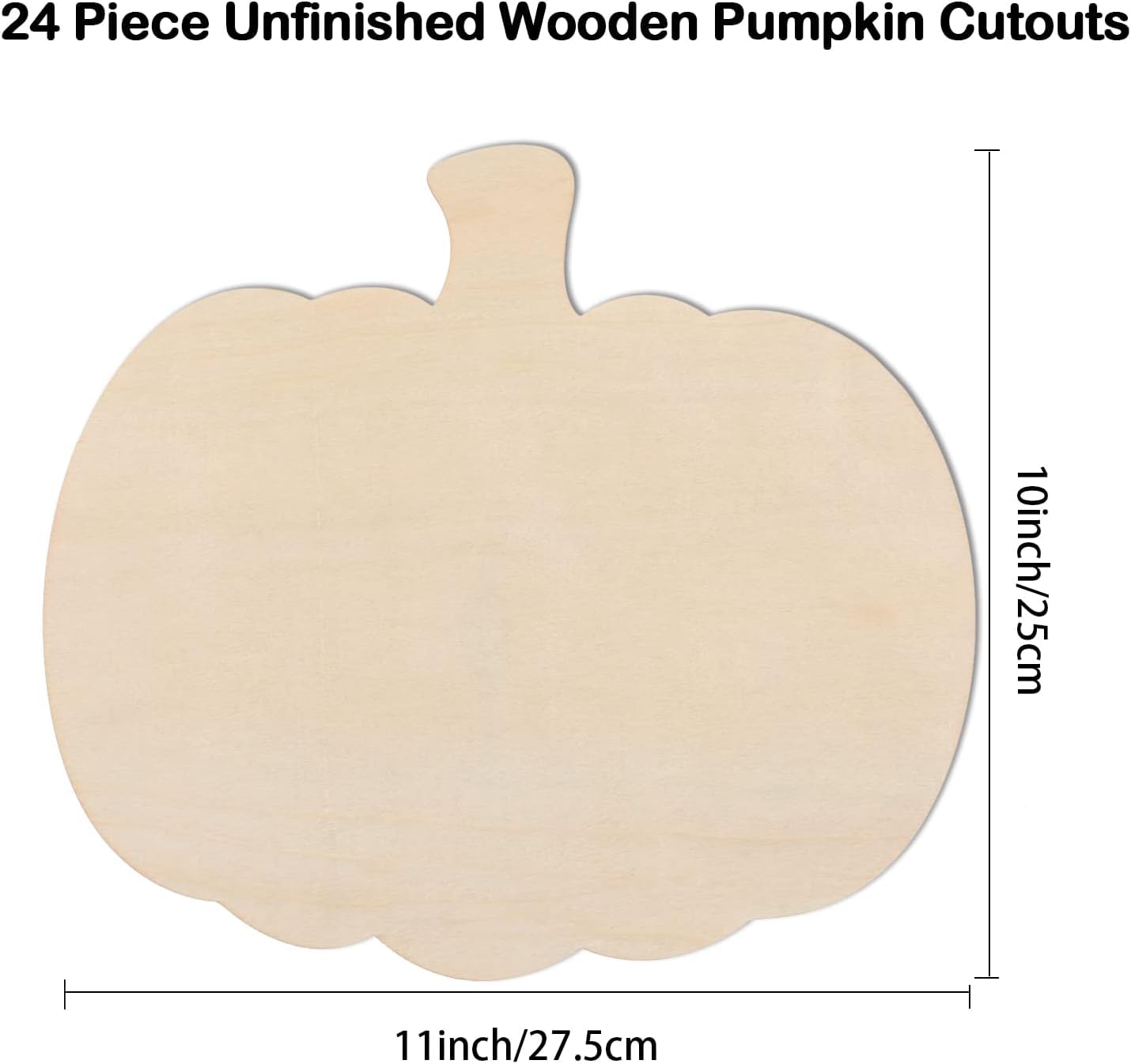 Unfinished wooden pumpkin cutout with dimensions on a white background