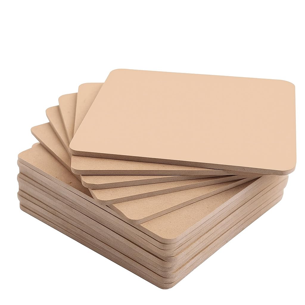 Stack of beige square coasters on a white background