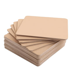 Stack of beige square coasters on a white background