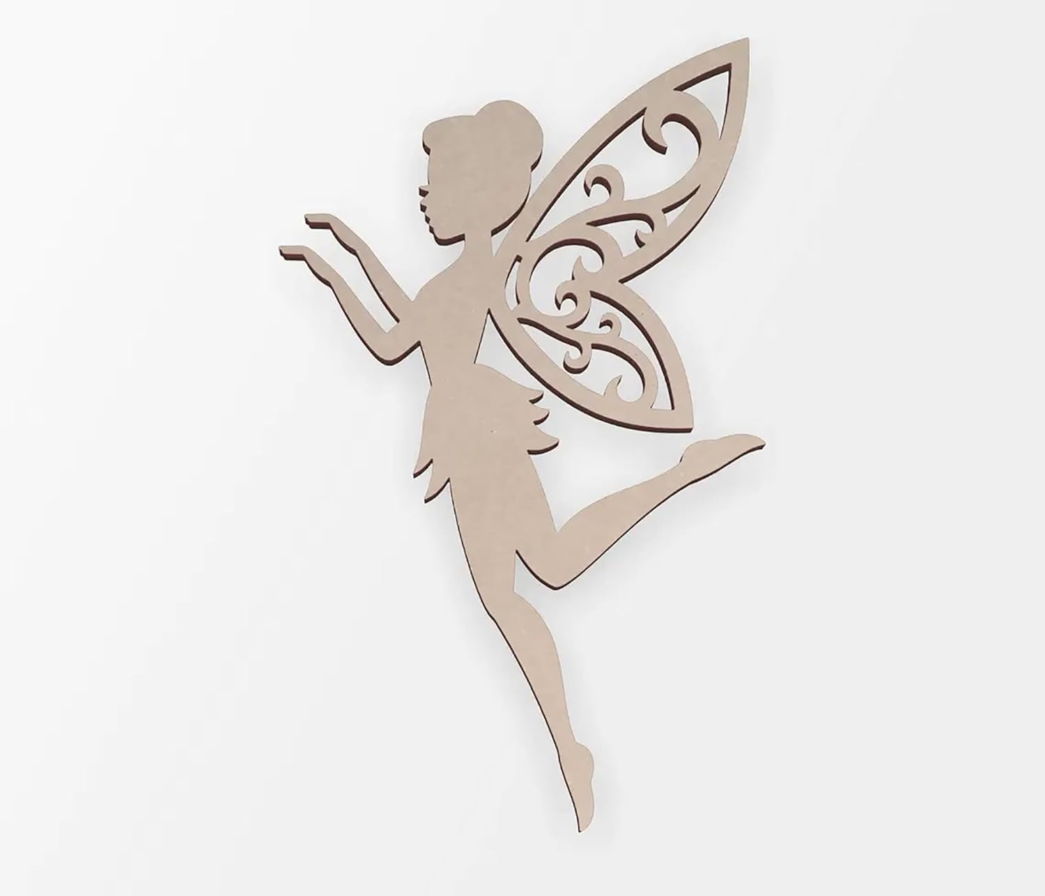 Wooden fairy silhouette with detailed wings on a white background