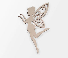Wooden fairy silhouette with detailed wings on a white background