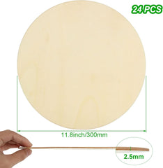 Round beige pizza dough with dimensions and a hand holding it for scale on a white background
