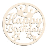 Wooden decorative cutout with 'Happy Birthday' text and stars on a white background