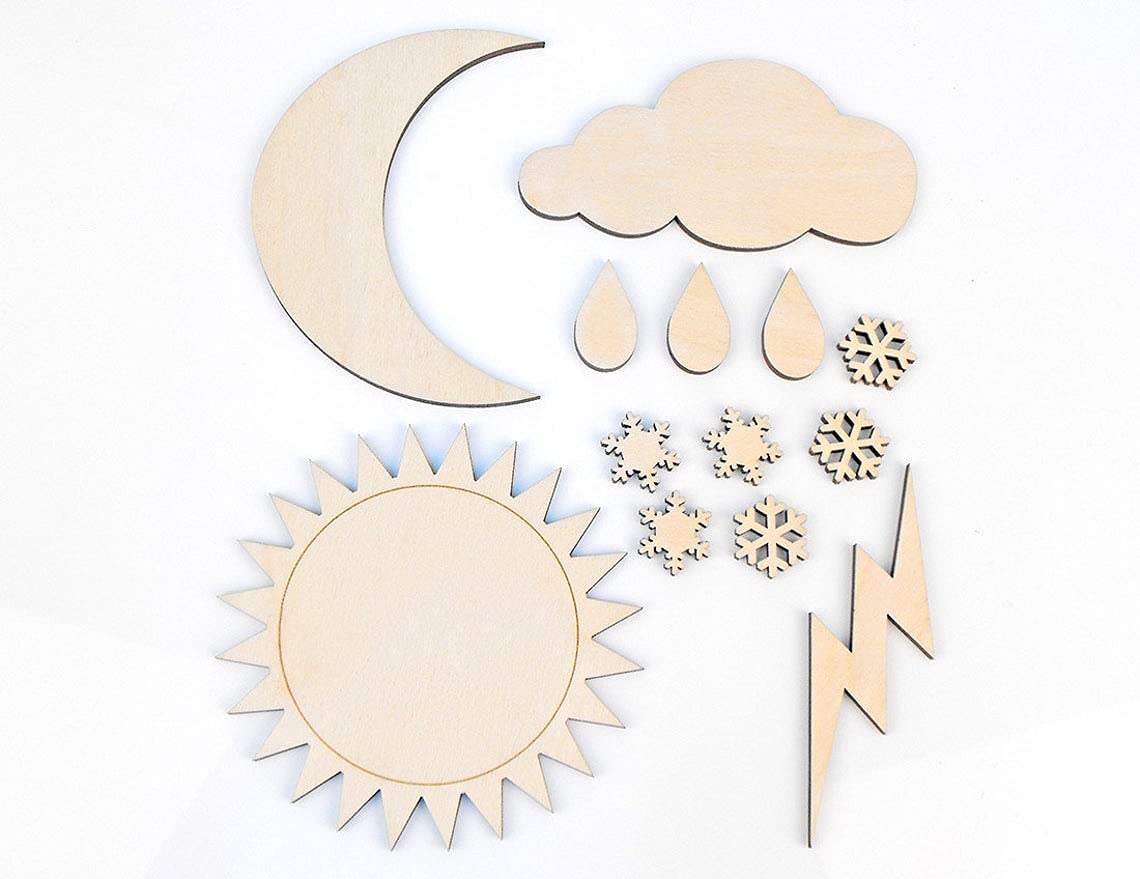 Set of wooden weather-themed shapes including sun, moon, cloud, raindrops, snowflakes, and lightning bolt on a white background.