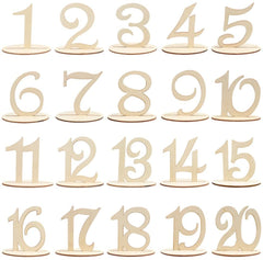 Set of wooden numbers from 1 to 20 on stands against a white background