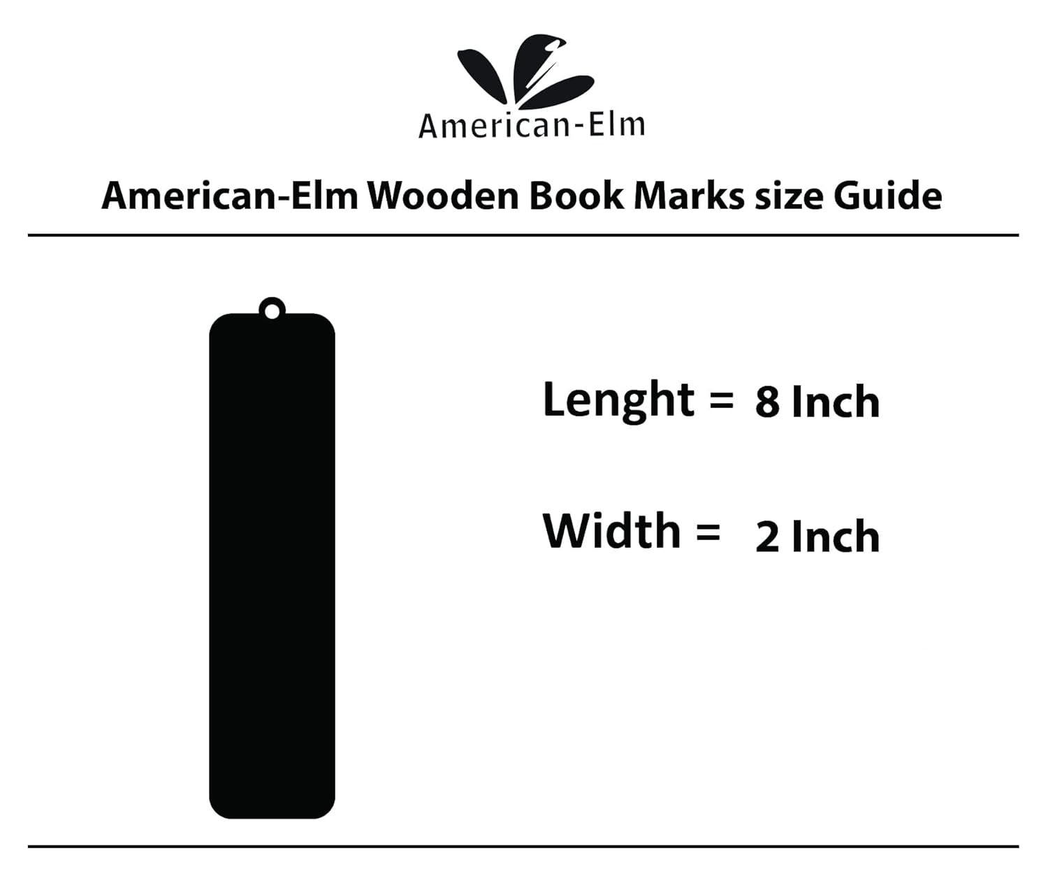 American-Elm wooden book mark size guide with dimensions on a white background
