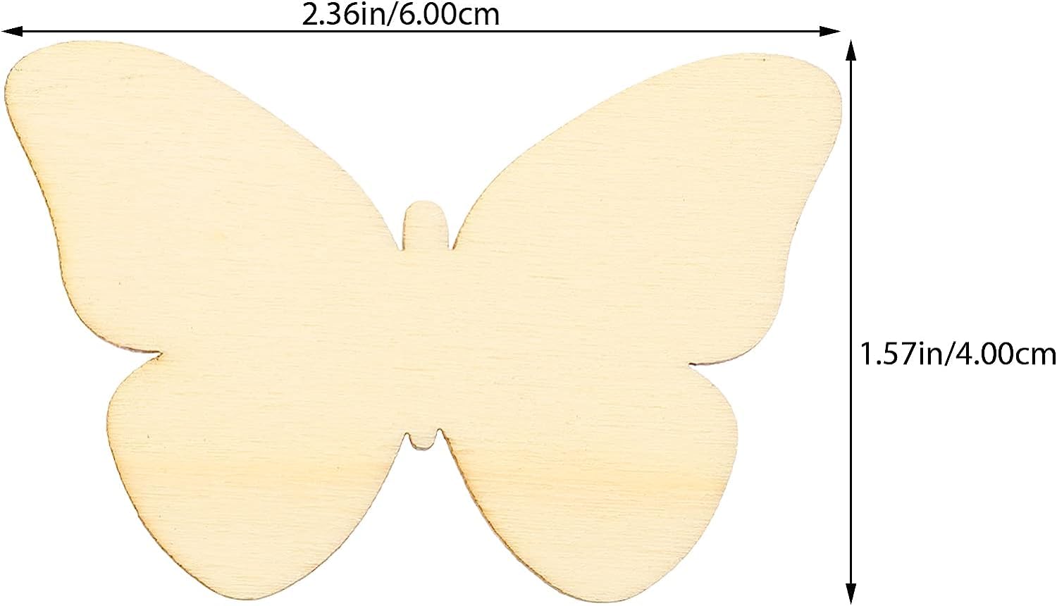 Wooden butterfly cutout with dimensions on a white background
