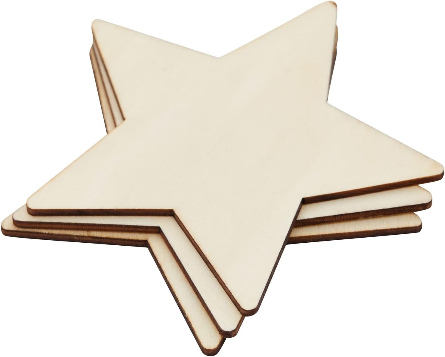 Stack of star-shaped wooden cutouts on a white background