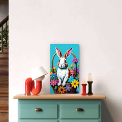 Easter themed wall art with bunny and flowers glossy finish