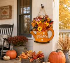 American Elm Welcome Watering Can Fall Wall Hanging with Pumpkin Sunflowers and Autumn Leaves for Front Door Porch and Entryway Decor Ready to Hang