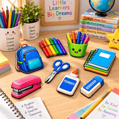 Pack of 28 School Supplies Themed Printed MDF Cutouts for Classroom Decoration and Kids Room Decor Backpack Books Pencil Design Ready to Use American Elm