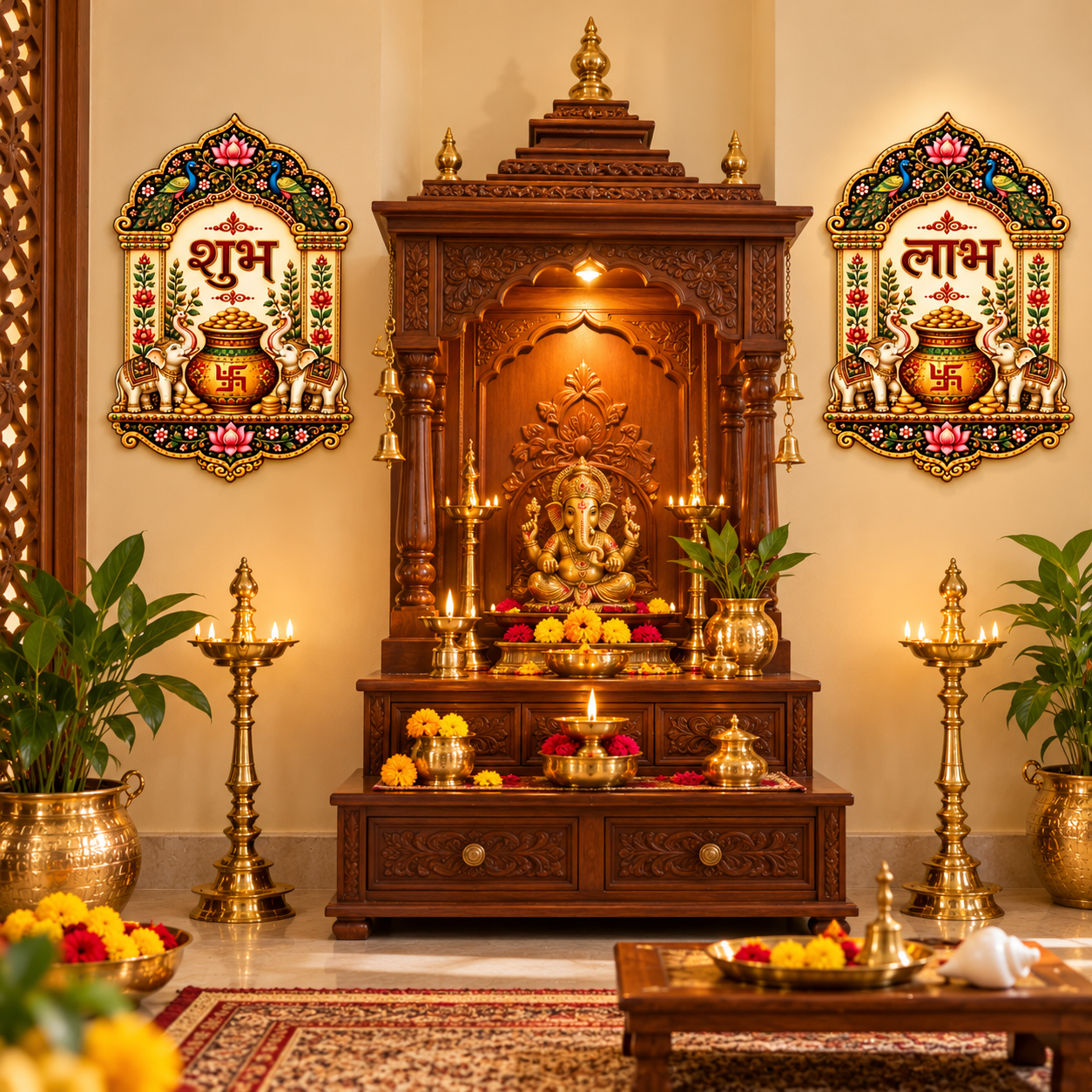 Shubh Labh wooden wall decor for home temple