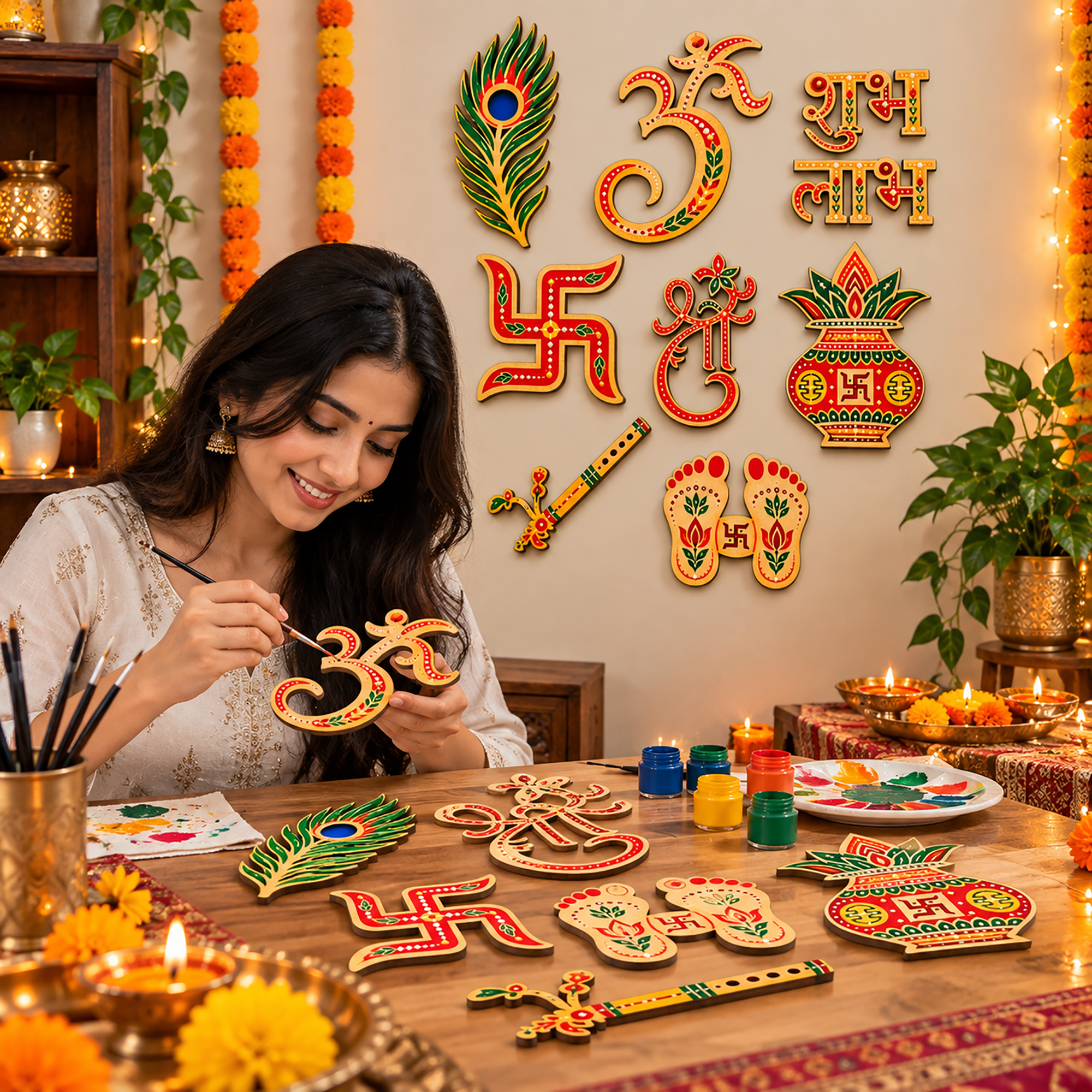 wooden lakshmi feet peacock feather flute cutouts