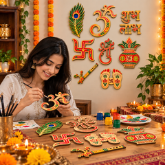 wooden lakshmi feet peacock feather flute cutouts