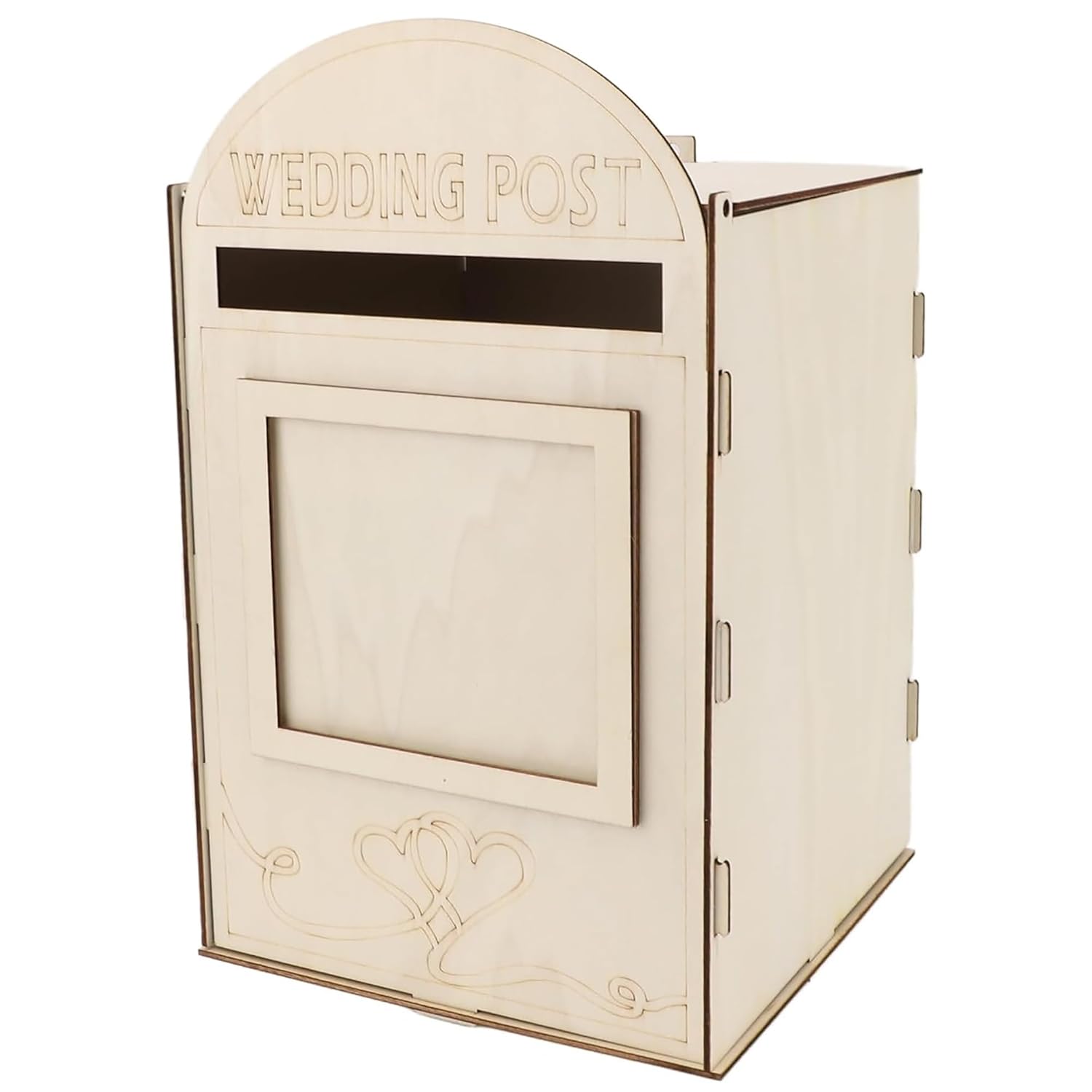 Wooden mailbox with 'Wedding Post' text on a white background