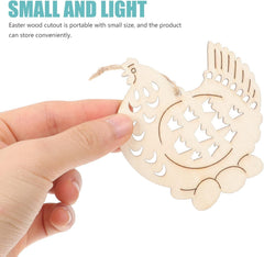 Wooden Easter cutout held by a hand with text about its portability.