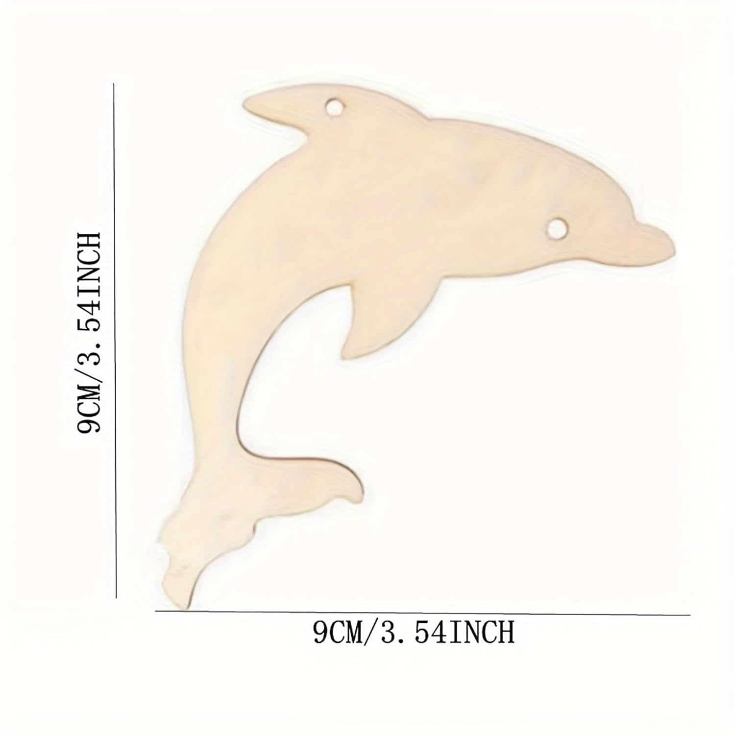 Wooden dolphin-shaped cutout with measurements on a white background