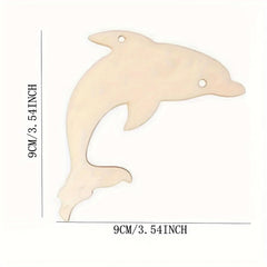 Wooden dolphin-shaped cutout with measurements on a white background