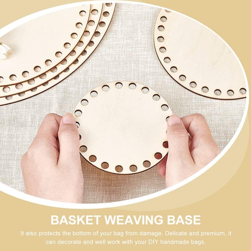 Wooden basket weaving base held by a hand on a beige background with text describing its use.