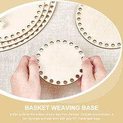 Wooden basket weaving base held by a hand on a beige background with text describing its use.