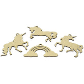 Unicorn and rainbow-shaped wooden cutouts on a white background
