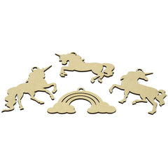 Unicorn and rainbow-shaped wooden cutouts on a white background