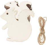 Wooden squirrel-shaped decorations with twine on a white background