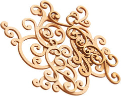 Decorative wooden cutout with intricate scroll design on a white background