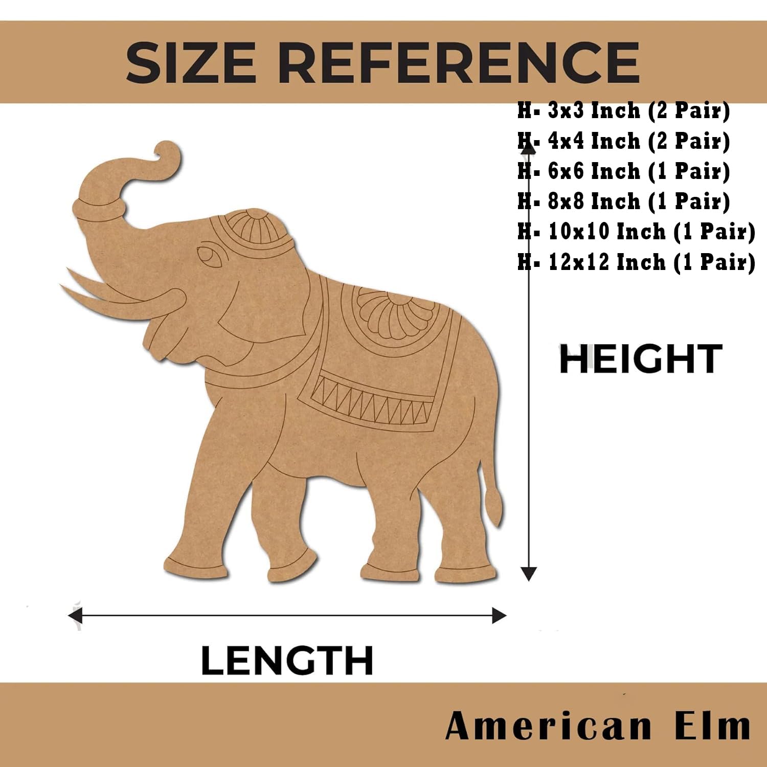 Cardboard elephant cutout with size reference chart on a beige background