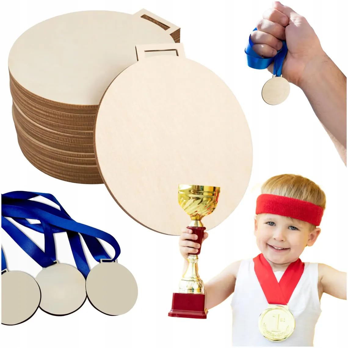Children's medals, trophies, and ribbons with a child wearing a medal and red headband.