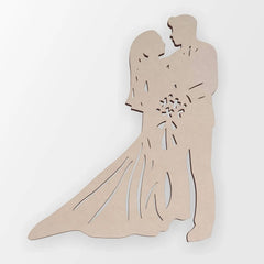 Wooden cutout of a couple holding hands on a white background