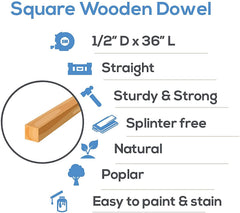 Whittlewud Square unfinished Wooden Dowel Sticks for Crafts and DIY Pine Dowel Rod
