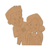 Cardboard cutout of a boy and girl holding hands with a flower, on a white background