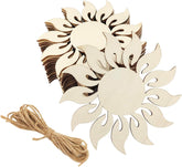 Wooden sun-shaped cutouts with jute string on a white background