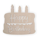 Decorative sign shaped like a birthday cake with 'Happy Birthday' text on a white background