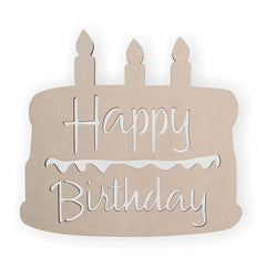 Decorative sign shaped like a birthday cake with 'Happy Birthday' text on a white background