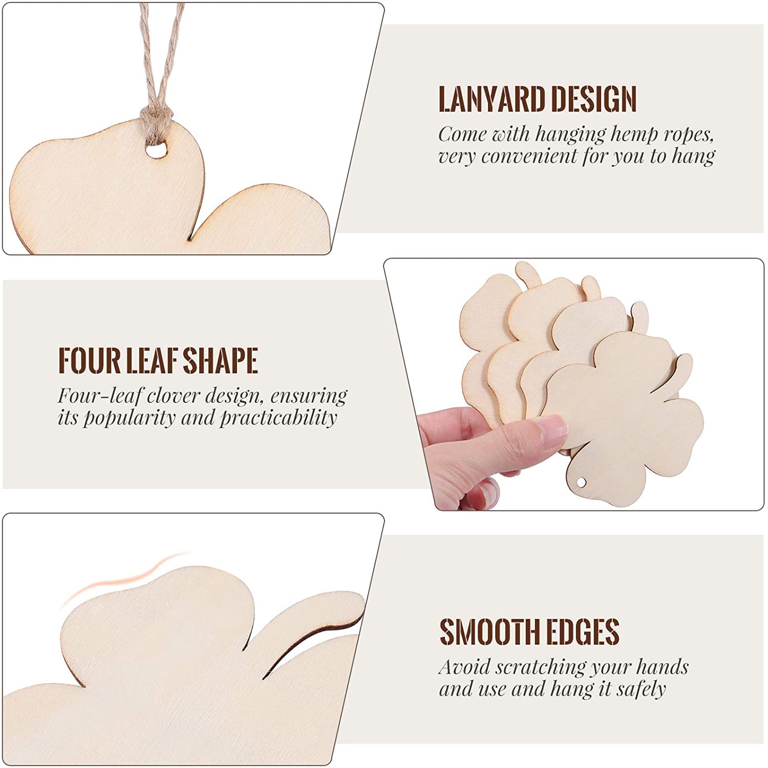 Wooden four-leaf clover-shaped items with lanyard design on a beige background