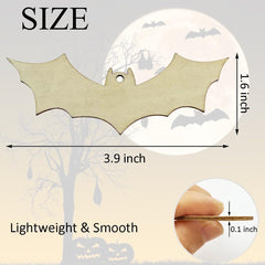 Wooden bat-shaped ornament with measurements and a hand holding it for scale against a Halloween-themed background.