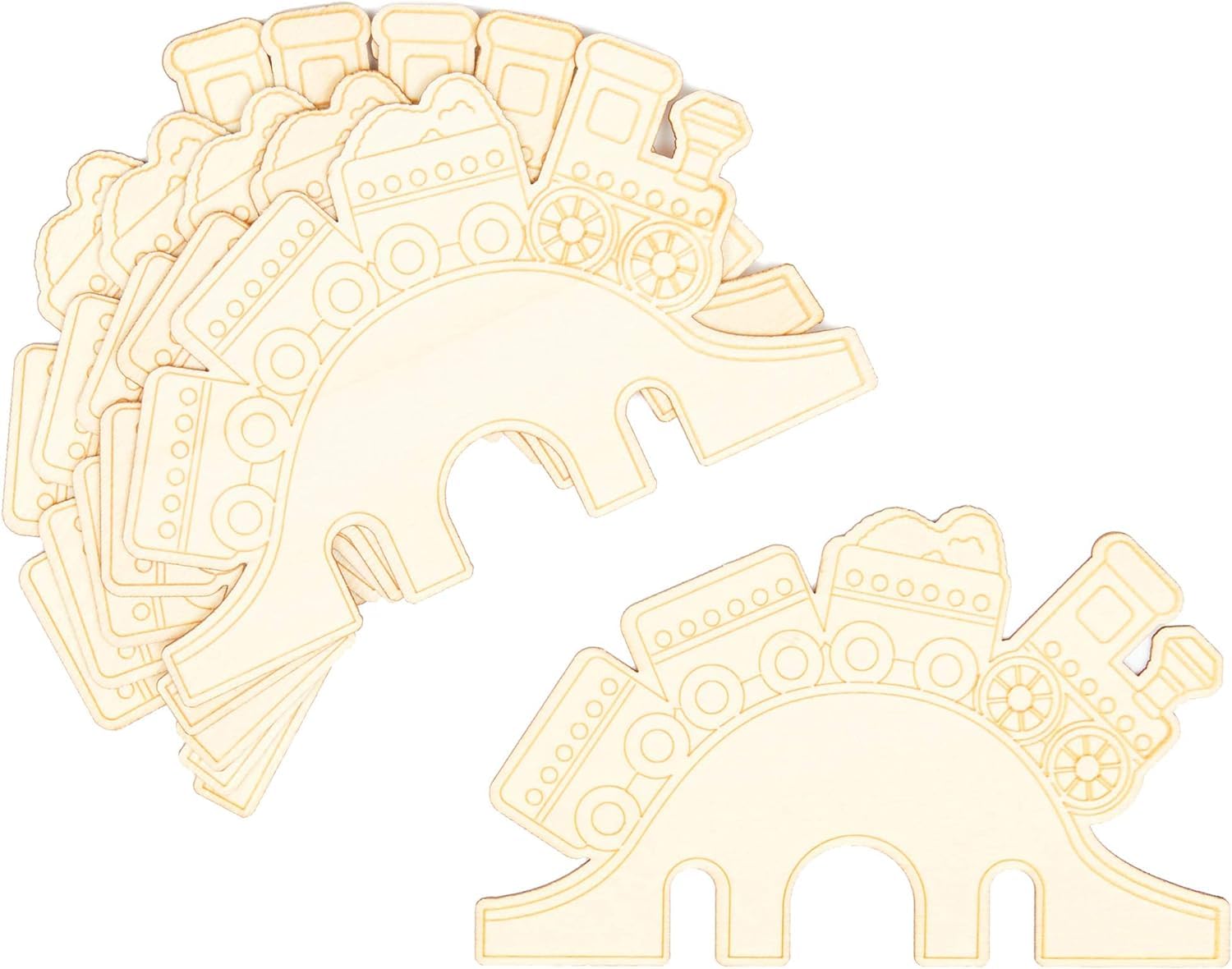 Set of wooden train-shaped cutouts on a white background