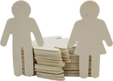Wooden cutout figures of a man and a woman with a stack of cards between them on a white background