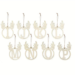 Set of 10 white deer head letter ornaments on a white background