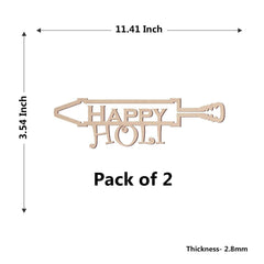 Wooden decorative sign with 'Happy Holi' text and measurements on a white background