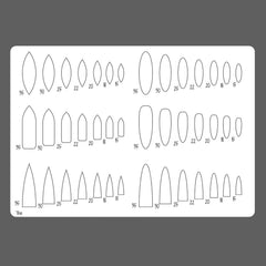 Sheet with various bullet shapes and measurements on a gray background