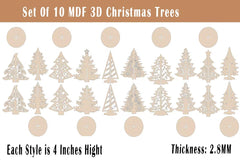 Set of 10 MDF 3D Christmas trees with a brown background