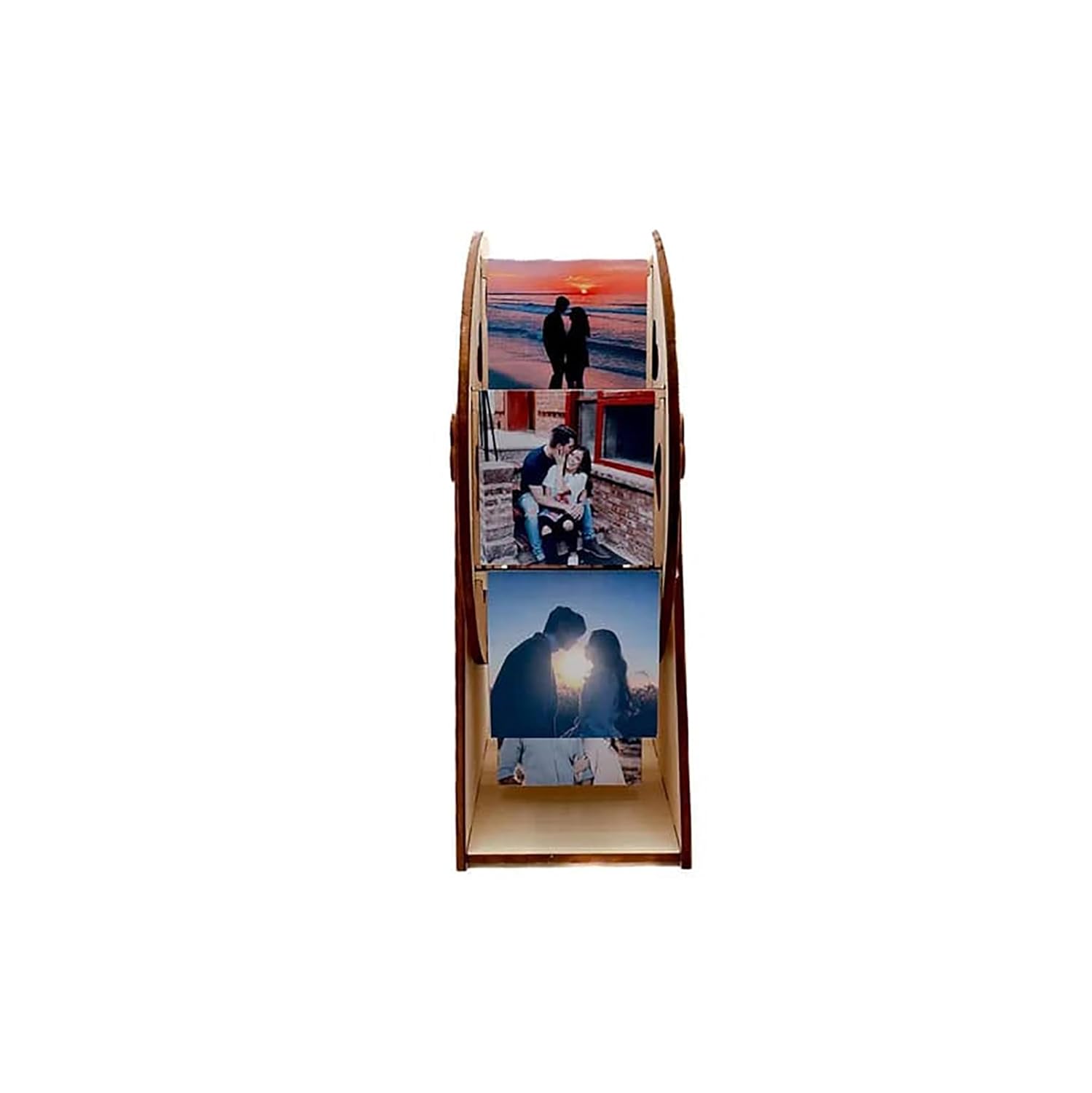 Wooden photo display with three images of a couple at sunset.