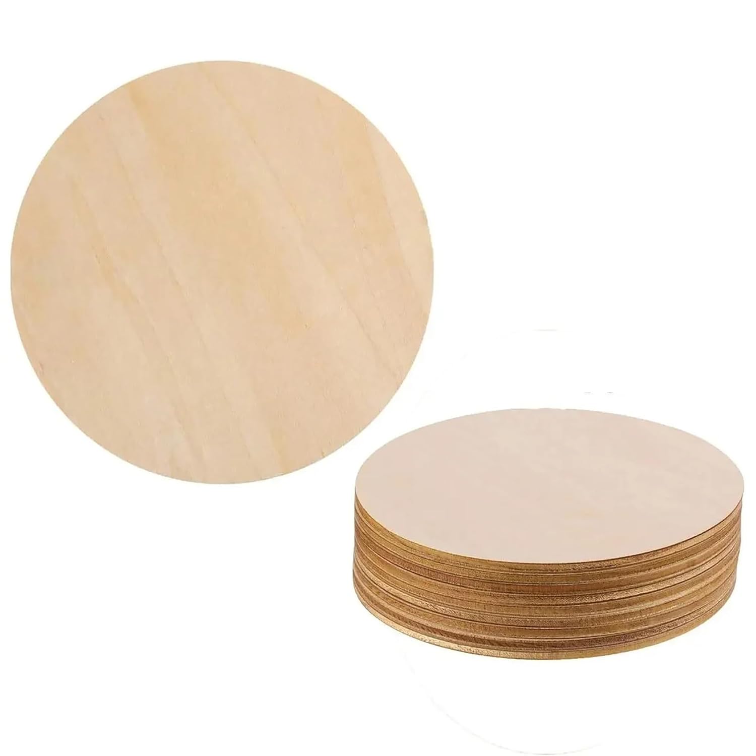 Set of round wooden discs on a white background