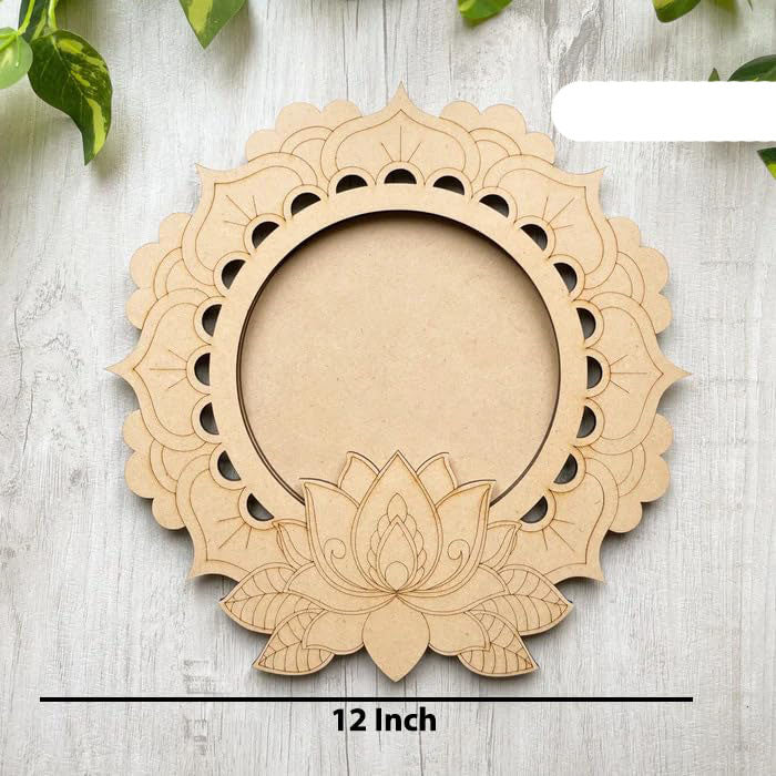 Wooden circular decorative item with lotus design on a light wooden surface.